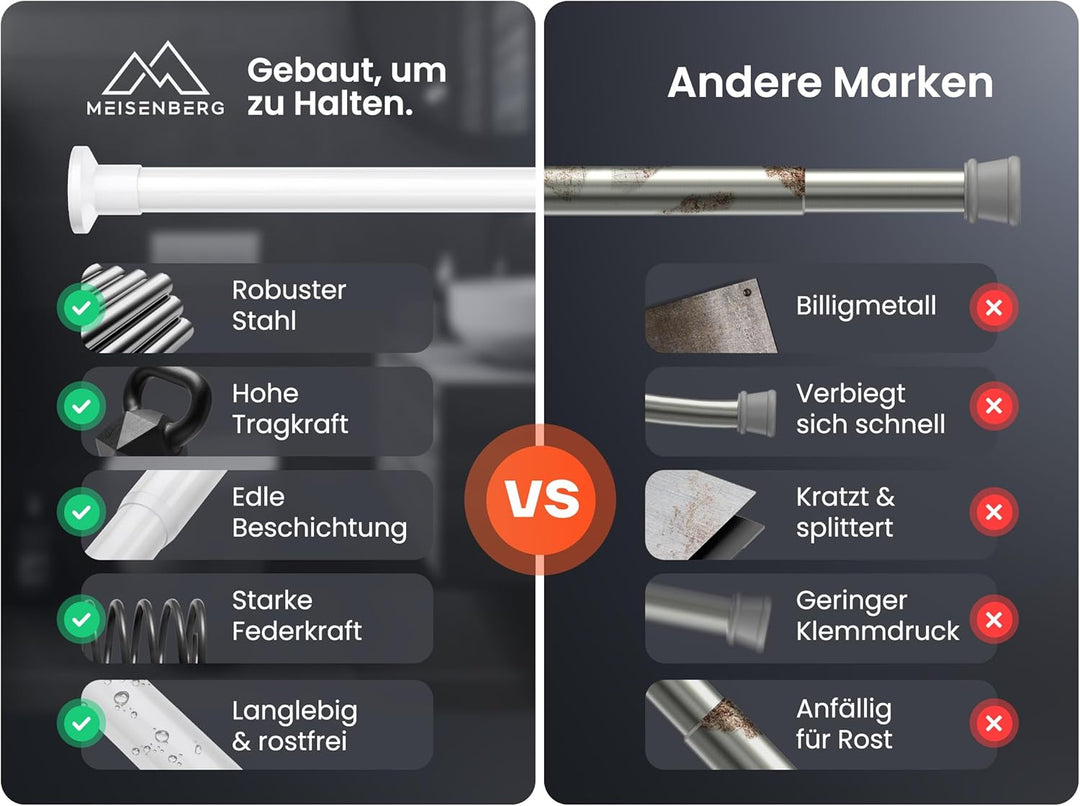 Gardinenstange ohne Bohren - Weiss, Ø 25 mm - Teleskopstange Vorhang - Duschstange zum Klemmen - Kle