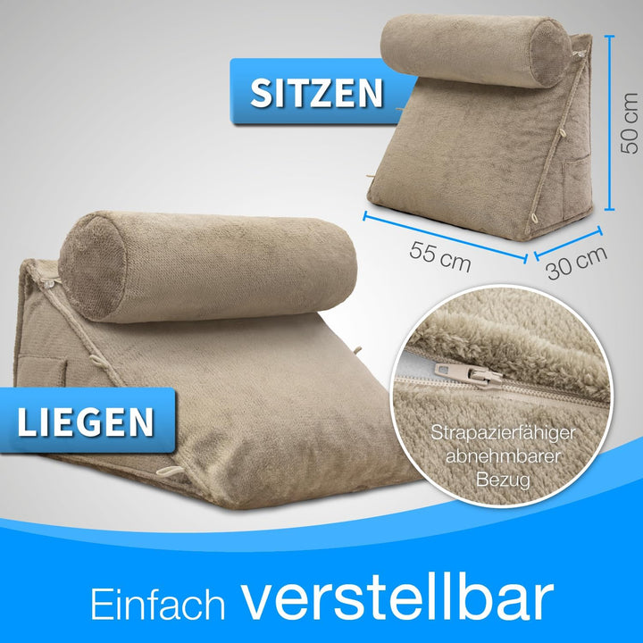 Rückenkissen Bett/Sofa mit Abnehmbarer Nackenrolle und Seitentasche, Rückenstützkissen mit Nackenkis