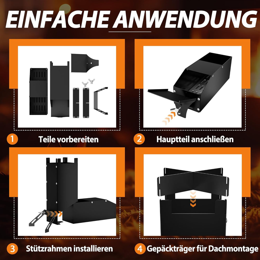 Raketenofen Edelstahl Camping Holzofen & Feuerschale mit Tasche, vielseitiger Tragbar Campingofen, K