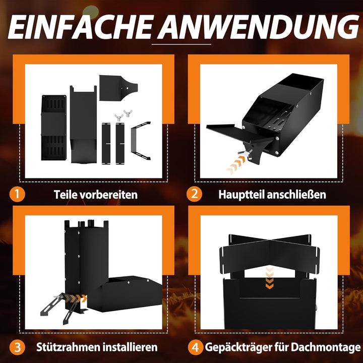 Raketenofen Edelstahl Camping Holzofen & Feuerschale mit Tasche, vielseitiger Tragbar Campingofen, K