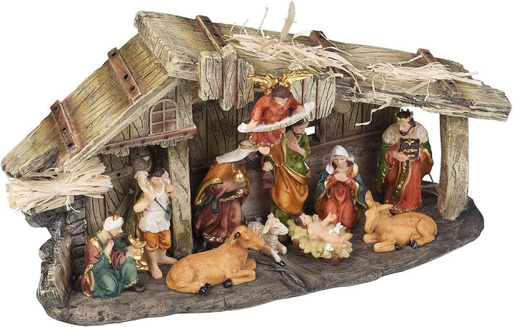 PEARL Krippen: Weihnachtskrippe aus Polyresin mit 11 handbemalten Figuren (Krippe mit handbemalten