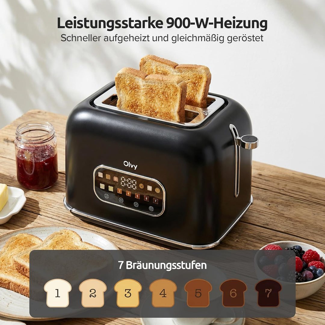 Toaster Olvy 900W – 7 Bräunungsstufen, LCD-Display mit Timer, Extra breite Schlitze, Auftau- und Auf