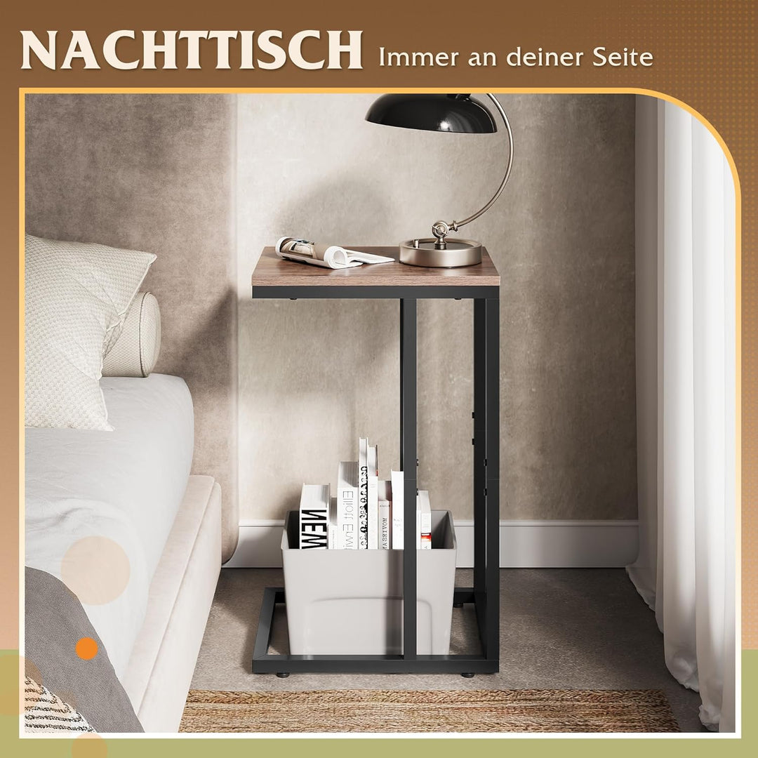 WLIVE Beistelltisch C Form, Nachttisch für Schlafzimmer, Wohnzimmer, Beistelltische mit Metallrahmen