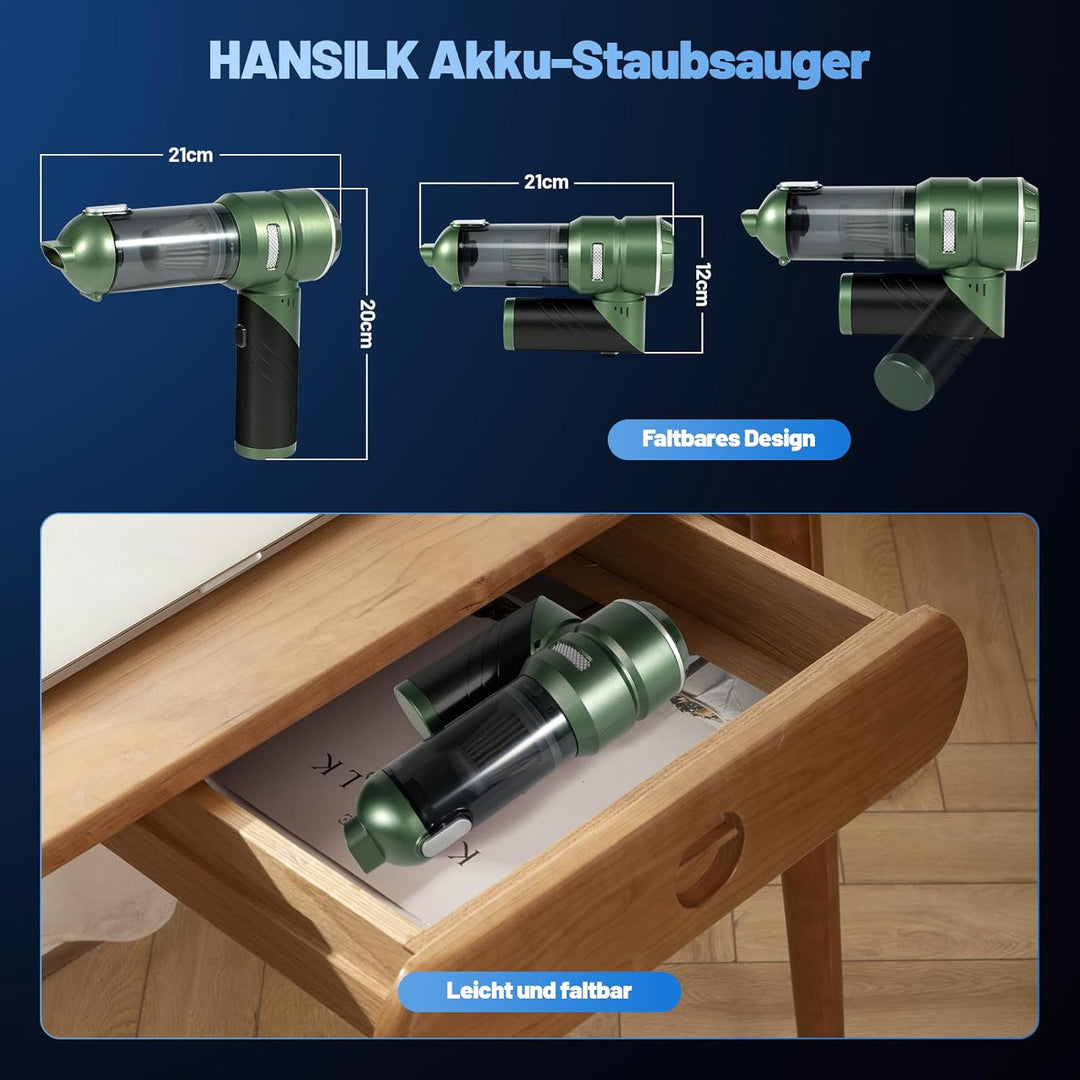 HANSILK Handstaubsauger Akku Kabellos 4 in 1 25000PA Mini Staubsauger Faltbarer Auto Staubsauger Sta