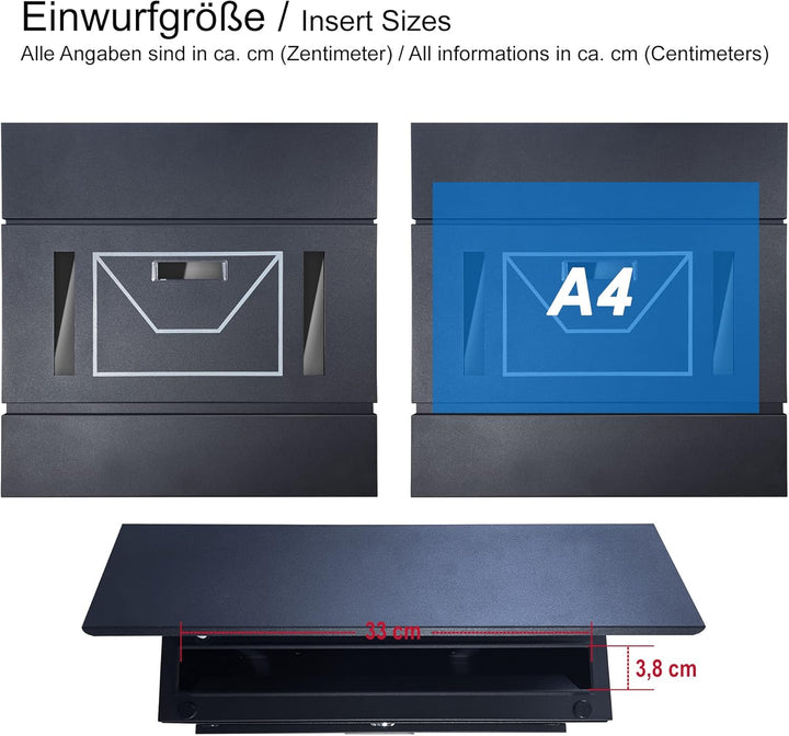 TÄGA 2220B Briefkasten anthrazit mit Zeitungsfach, Sichtfenster, Namensschild I DIN A4 Einwurf I ver