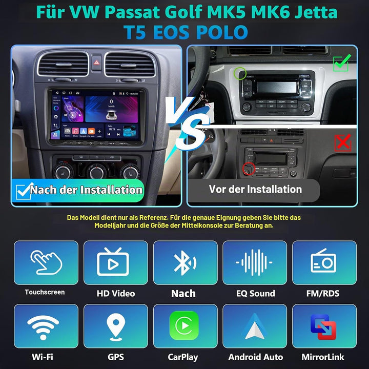 4GB+64GB Autoradio für VW Passat B6 T5 Golf 5 6 Polo 6R Tiguan T5 Jetta Seat Skoda mit Kabellosem Ca