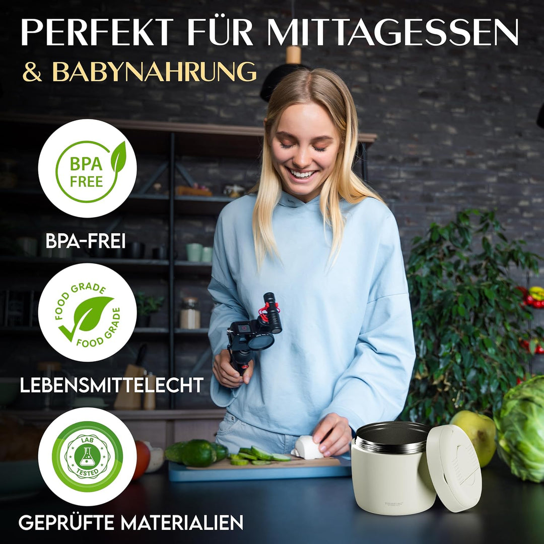 HEEMBURG Thermobehälter für Essen, Henkelmann 1L, Edelstahl, Doppelwand isoliert, Lunchbox Warmhalte