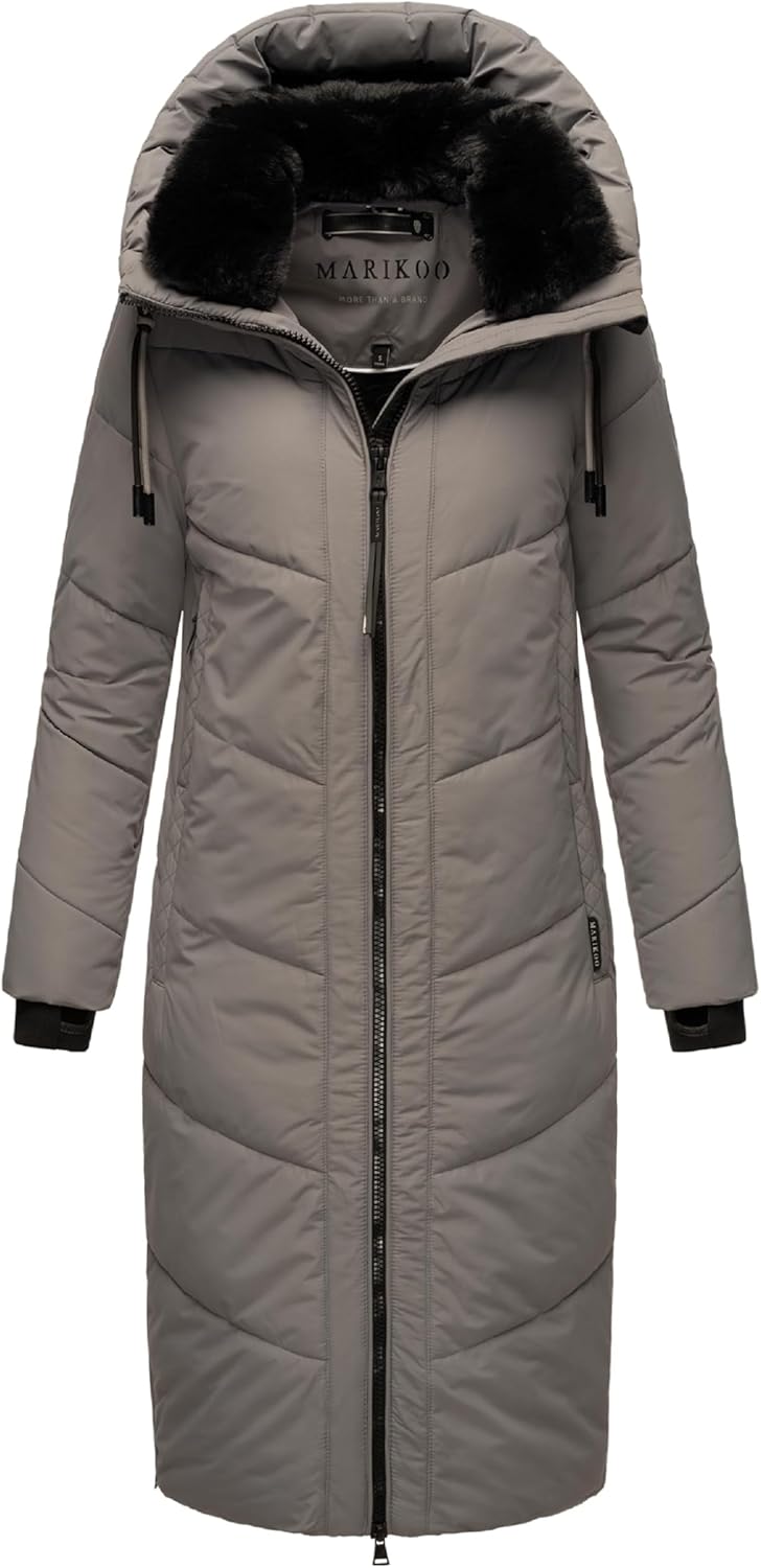 MARIKOO Damen Wintermantel Warmer Steppmantel lang mit Verstellbarer Kapuze und hohem Kragen Nadaree