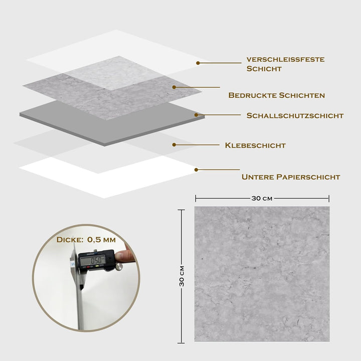 PVC Bodenbelag Selbstklebende Fliesen Marmor Steinoptik 30x30 cm, Fliesenoptik Vinylboden Bodenflies