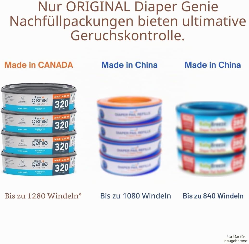 Diaper Genie Essentials Runde Nachfüllpackung, 4er-Pack, für bis zu 1280 Windeln für Neugeborene, mi