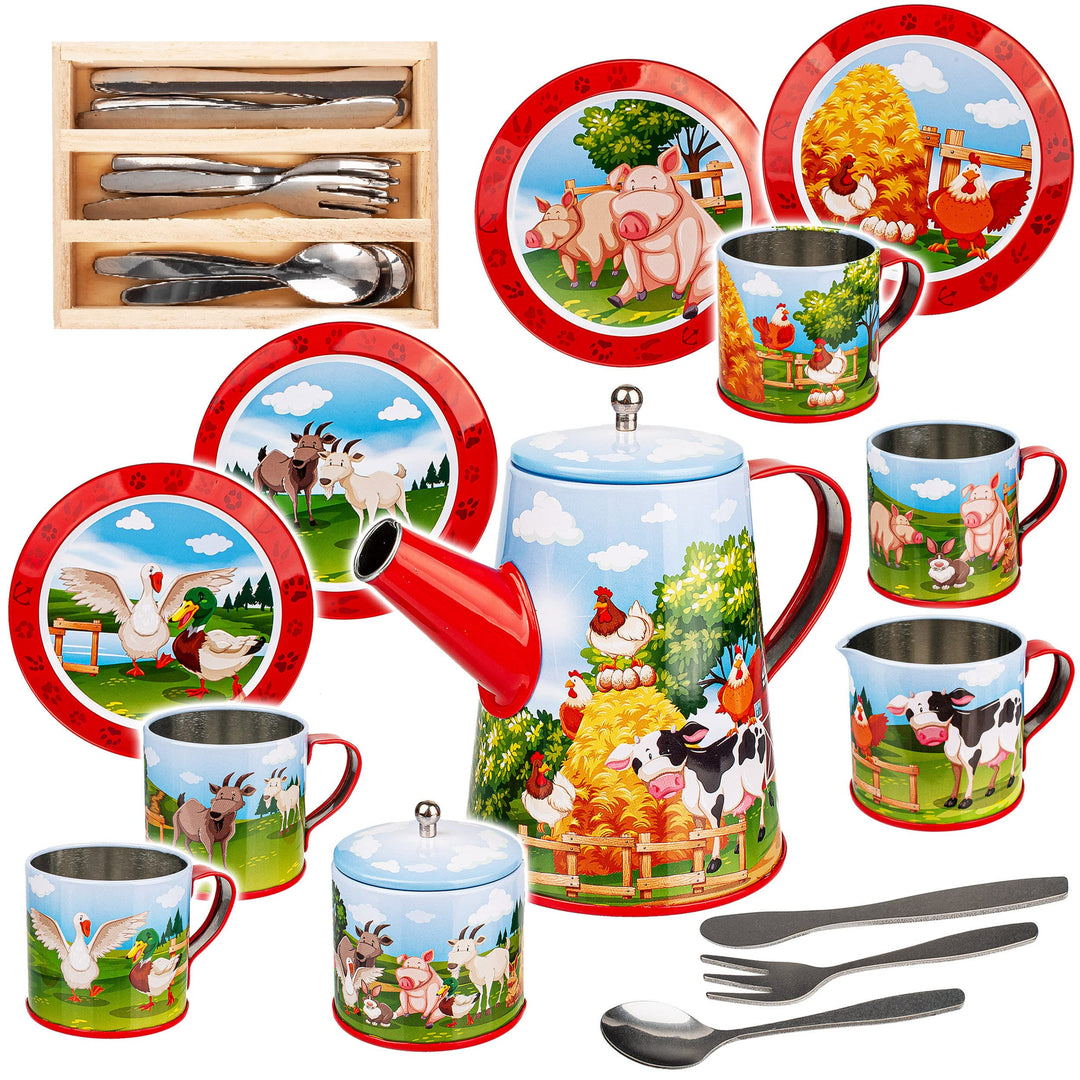 alles-meine.de GmbH 26 TLG. Set Puppengeschirr/Teeservice &amp; Kaffeeservice + Besteck - Bauernhof Tier