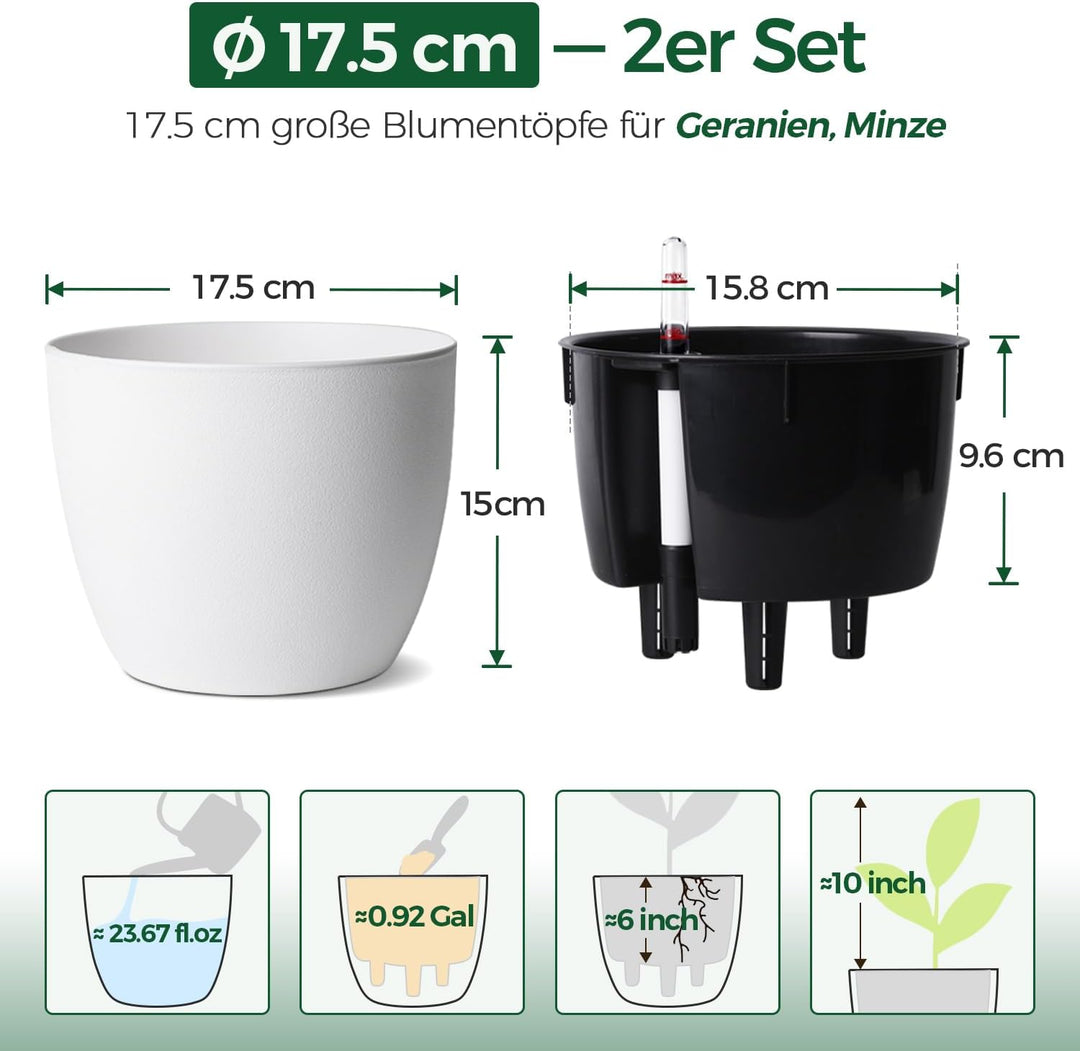 T4U 2Pcs 17,5cm Selbstbewässerungstopf mit Wasseranzeiger, Praktischer Blumentopf für vielbeschäftig