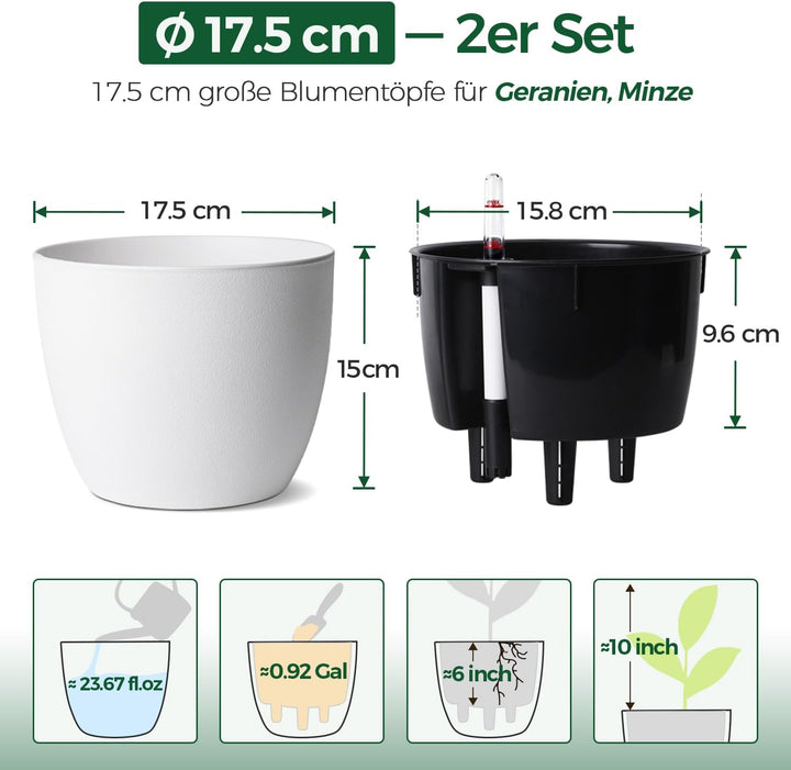 T4U 2Pcs 17,5cm Selbstbewässerungstopf mit Wasseranzeiger, Praktischer Blumentopf für vielbeschäftig
