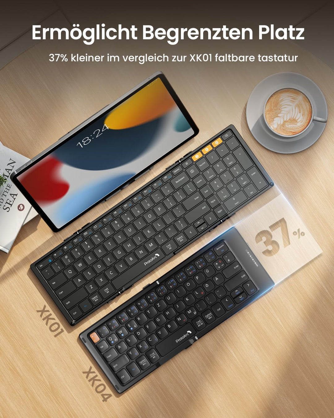 ProtoArc Faltbare Kompakte Tastatur QWERTZ, XK04 Tragbare Bluetooth-Tastatur mit PU-Lederhülle, Kabe