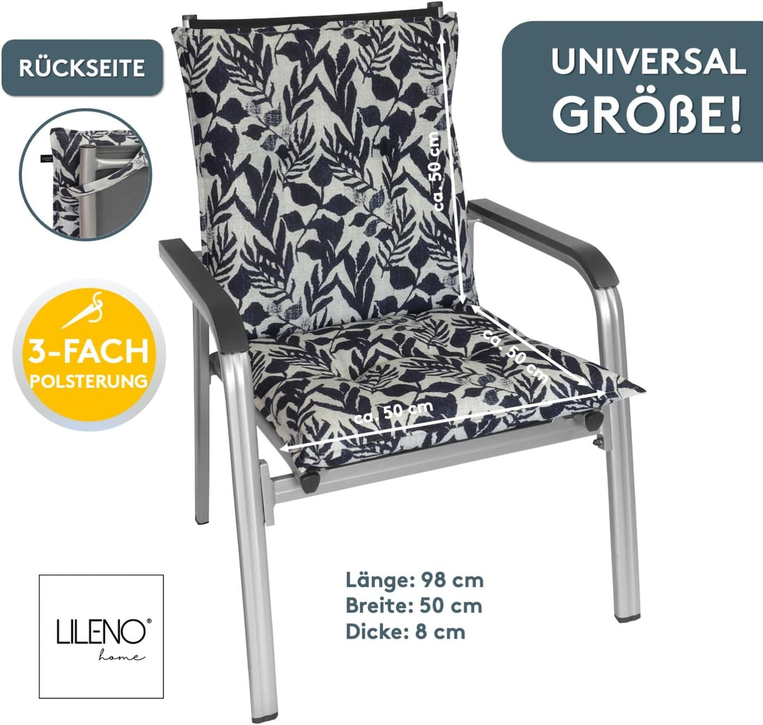 LILENO HOME Gartenstuhl Auflagen als [2er Set - Niedriglehner] in Blätter Dunkelblau - Bequeme Liege