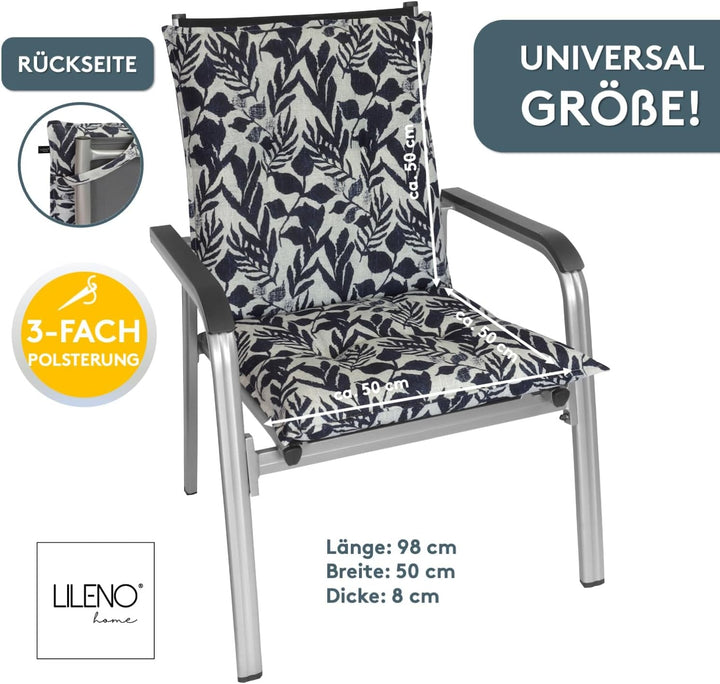 LILENO HOME Gartenstuhl Auflagen als [2er Set - Niedriglehner] in Blätter Dunkelblau - Bequeme Liege