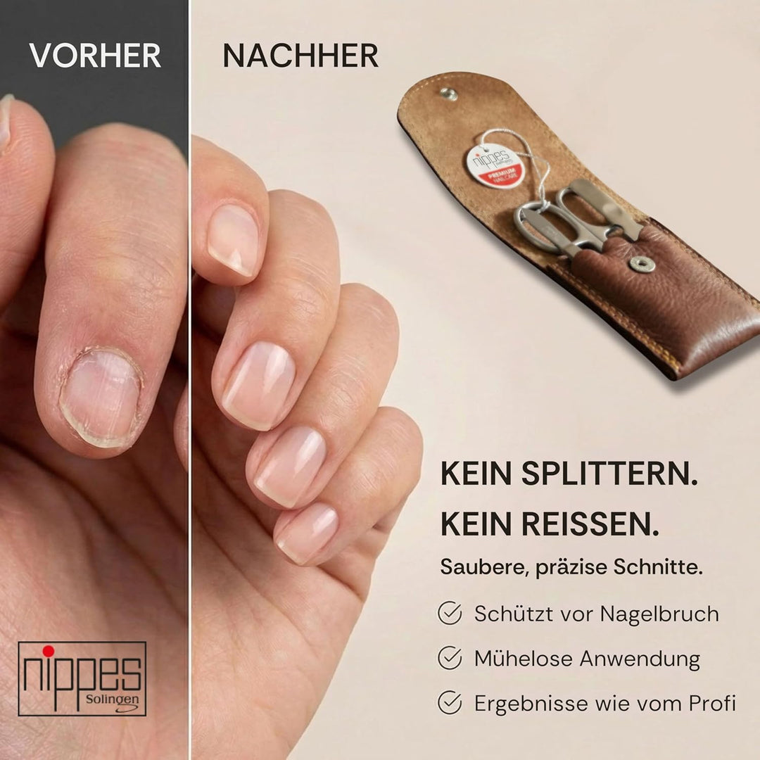 nippes Solingen Classic Premium-Maniküre Set, 3-teilig, Echtes Rindsleder-Nageletui, braun, Edelstah