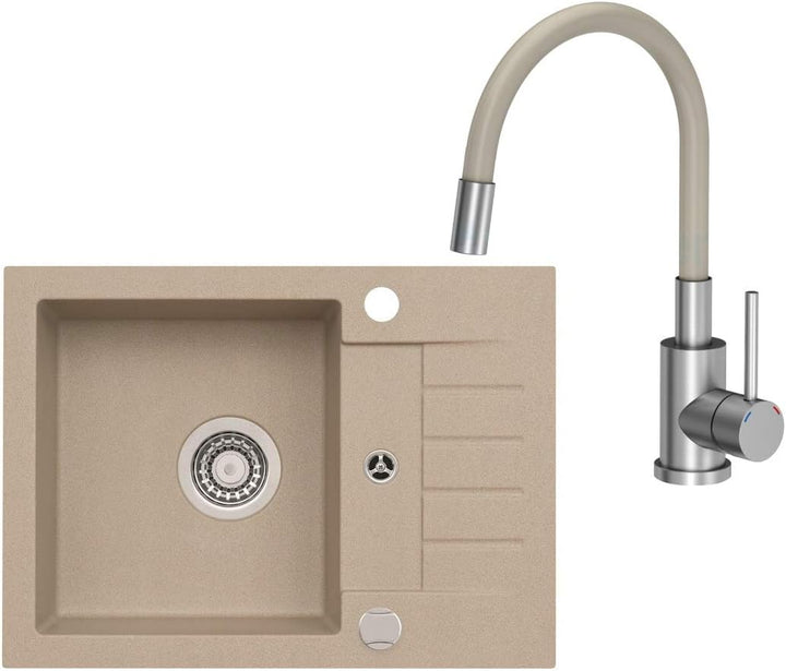 VBChome Spüle Beige 58 x 42 cm mit Spültischarmatur Granit Einzelbecken Einbauspüle flexibel gespren
