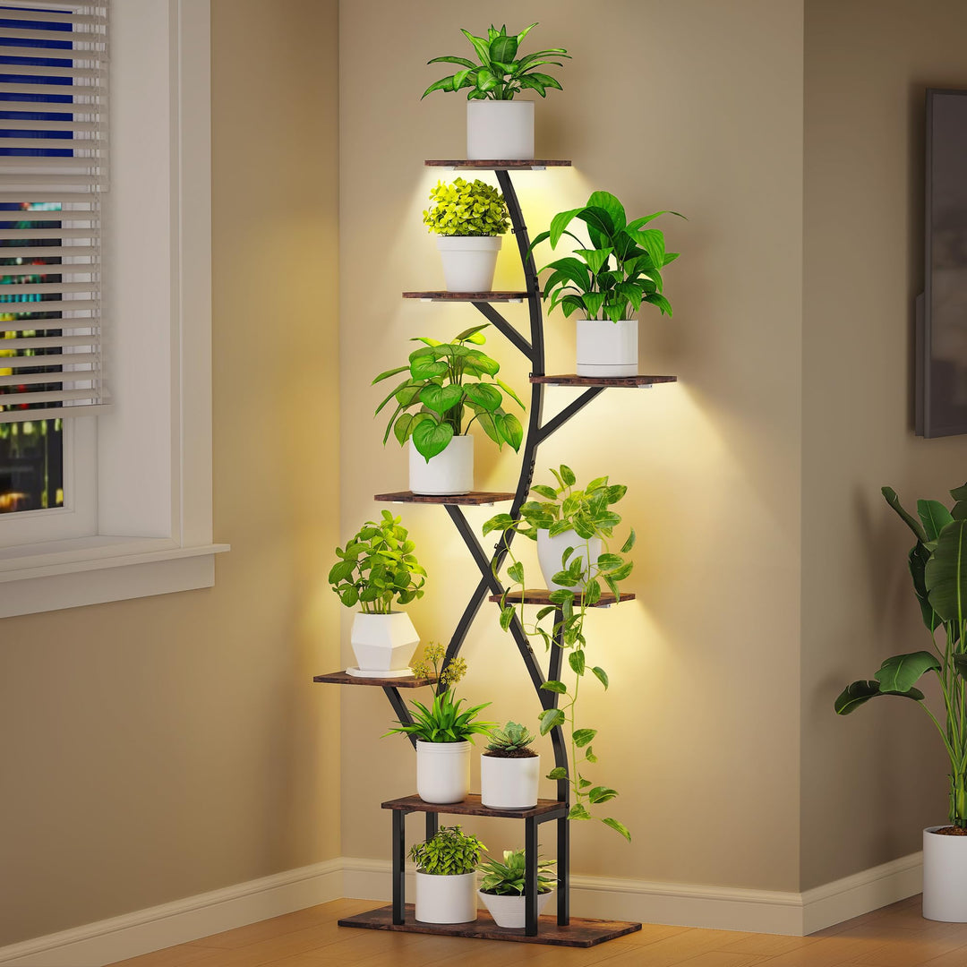 Pflanzenregal mit Wachstumslicht, 8-Etagen Blumenständer 165cm, 5-Kopf Pflanzenlampe aus Metall für