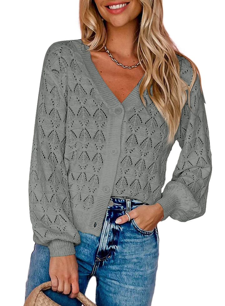Dokotoo Damen Strickjacke V-Ausschnitt Kurzer Cardigan Elegant Langarm Leichter Strickpullover mit K