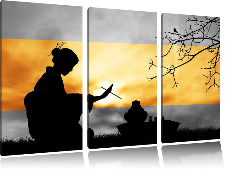 traditionelle Gesha bei Teezeremonie schwarz/weiss 3-Teiler Leinwandbild 120x80 Bild auf Leinwand, X