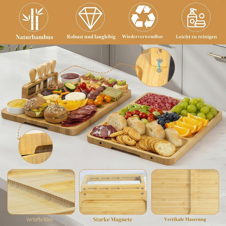 Grosses Bambus Charcuterie Board Set (40x30x2 cm) Käsebrett & Platten Zubehör mit Messern für Gesell