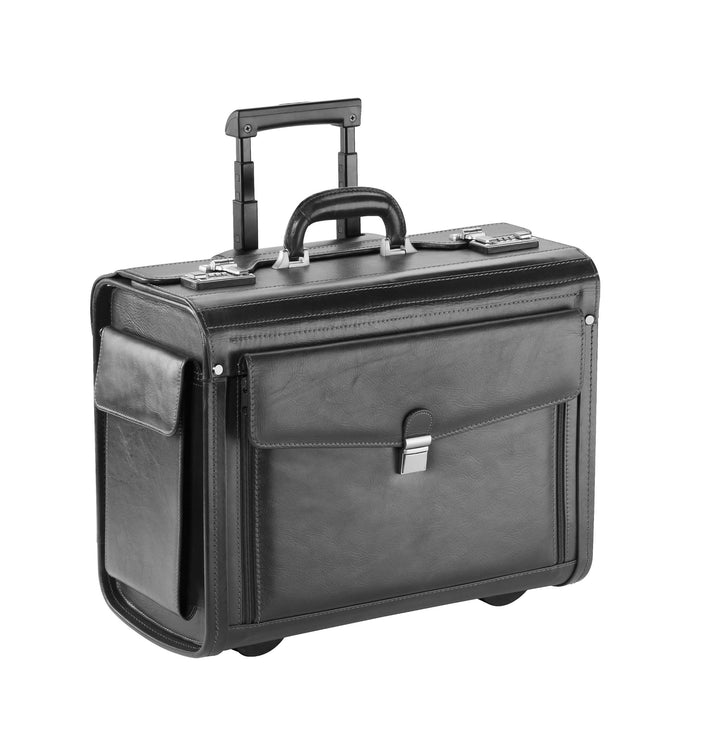 Leder Pilotenkoffer mit Trolley Rollen Notebookfach bis 15" Vollrindleder schwarz