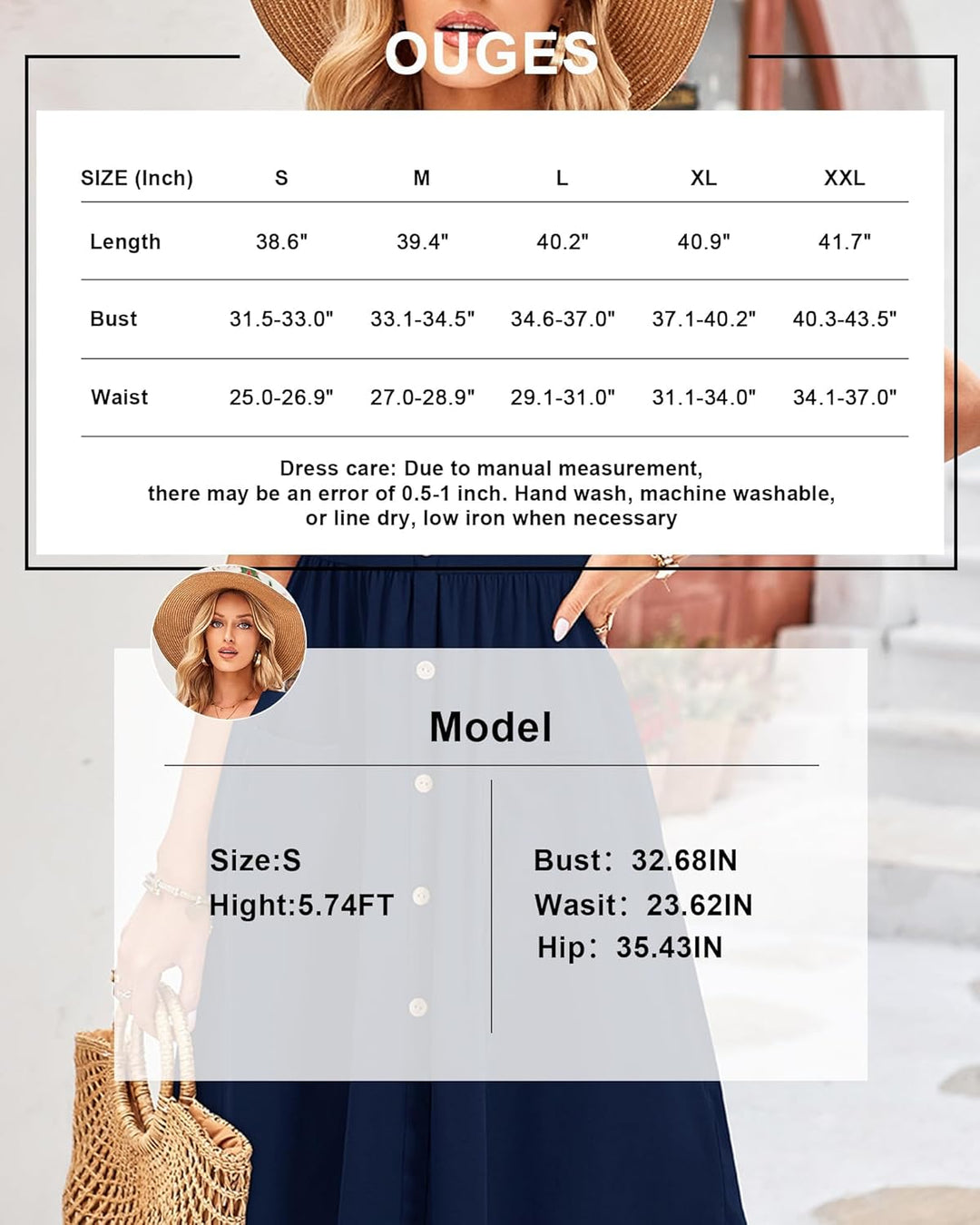 OUGES Sommerkleid Damen Casual Kleid V-Ausschnitt Midi Kleider Knopfleiste Freizeitkleid mit Taschen