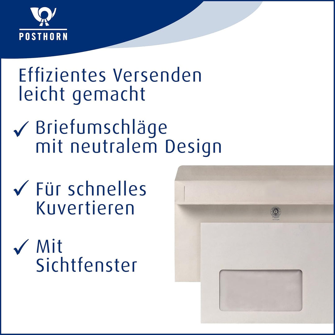 POSTHORN Briefumschläge DIN lang (1000 Stück) | Briefumschläge mit Fenster selbstklebend | Briefumsc
