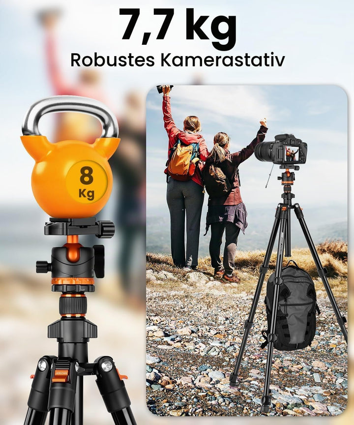 JOILCAN Aluminium Kamera Stativ, 168cm Robustes Reisestativ mit 360° Panorama Kugelkopf &amp; Handyhalte