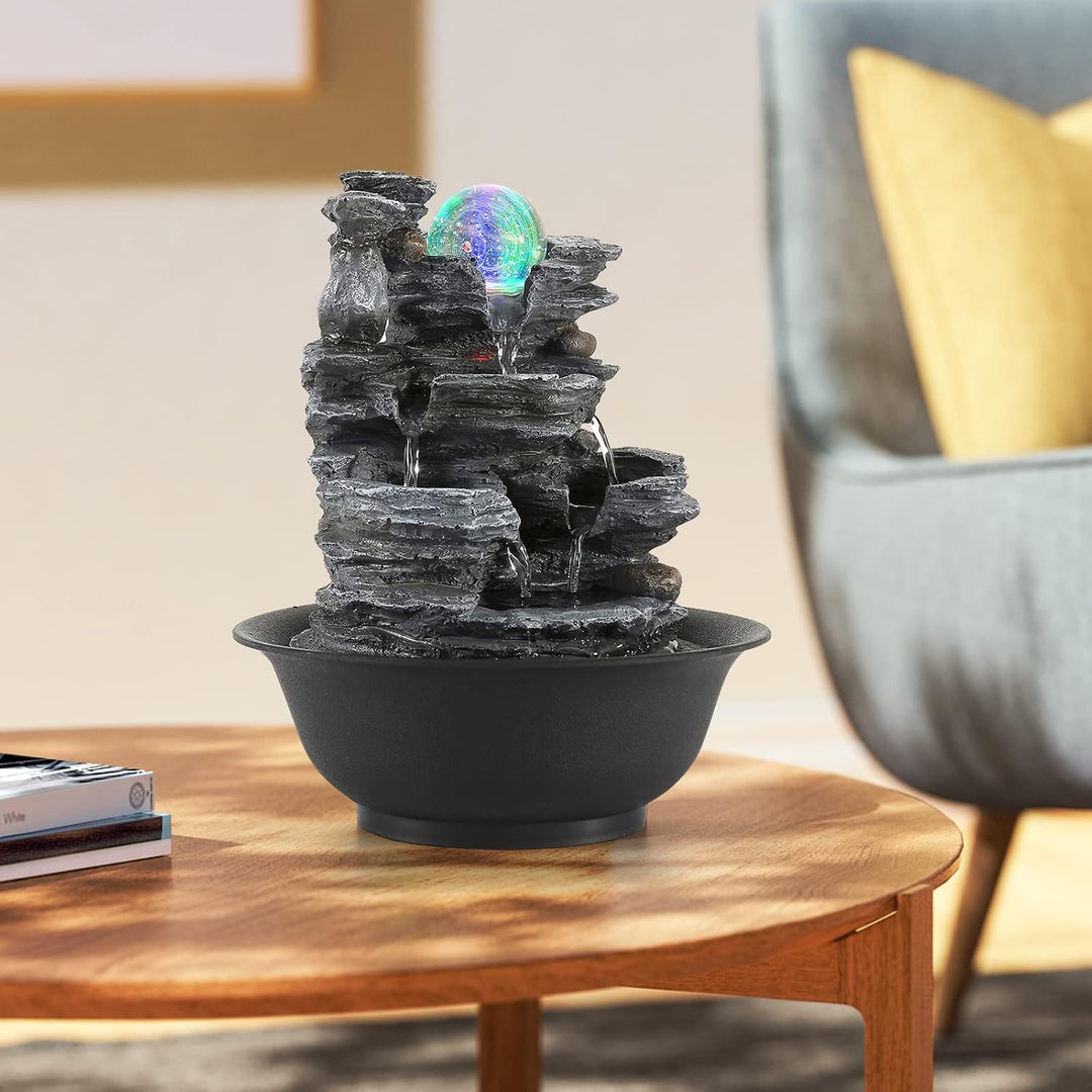 Dyna-Living Zimmerbrunnen Tischbrunnen mit Rollender Kugel, Brunnen Polyresin Springbrunnen LED-Bele