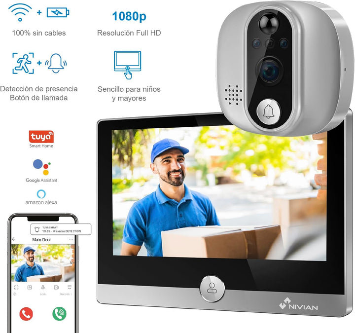 NIVIAN WiFi Digital Peephole – Full-HD-Videokamera mit Akku und Türklingel, Zwei-Wege-Audio, PIR-Erk