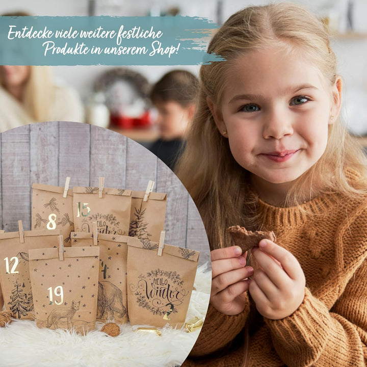 Papierdrachen Adventskalender 2025 zum Befüllen - 24 bedruckte Papiertüten mit Zahlenaufklebern & Kl