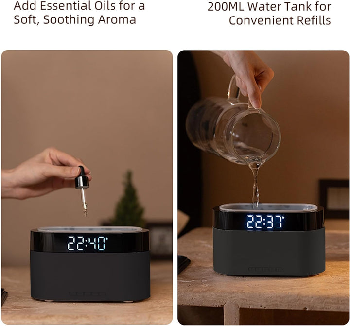 Flammen Aroma Diffuser mit Lichtwecker,Diffuser Ätherische Öle mit Fernbedienung,Wecker mit Licht,Lu