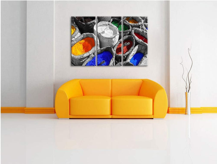 Bunte Farben für Holi Festival schwarz/weiss 3-Teiler Leinwandbild 120x80 Bild auf Leinwand, XXL rie