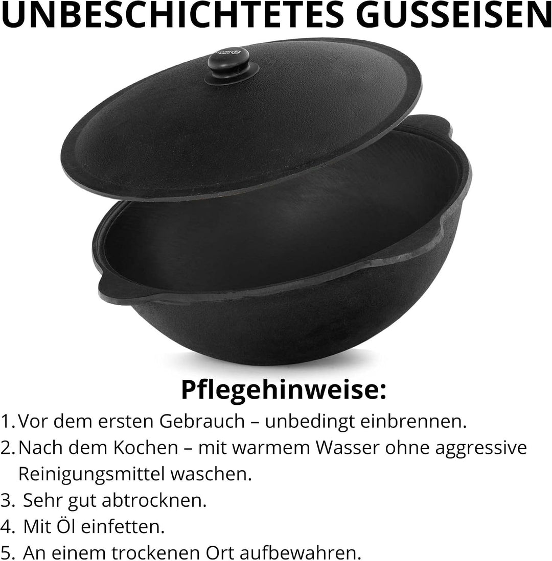 Original Usbekischer Kasan 16 L aus Gusseisen mit Aluminium-Deckel – Namangan Schwenktopf Dutch Oven