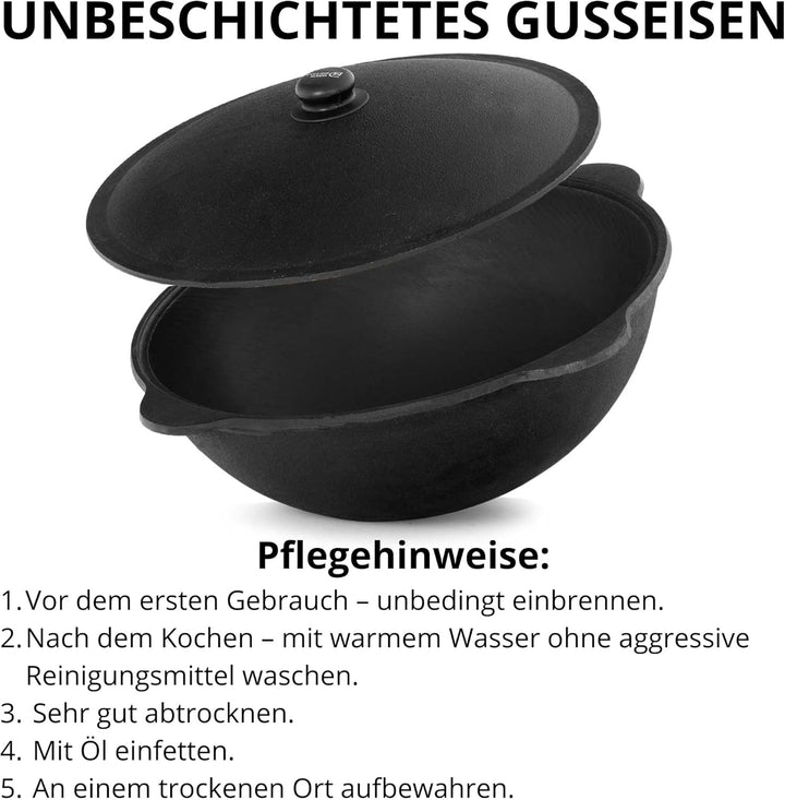Original Usbekischer Kasan 8 L aus Gusseisen mit Aluminium-Deckel – Namangan Schwenktopf Dutch Oven
