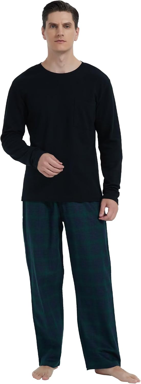 GLOBAL Herren Schlafanzüge Flanell Herren Pyjama Set Baumwolle Langarm-Pullover Oberteil und elastis