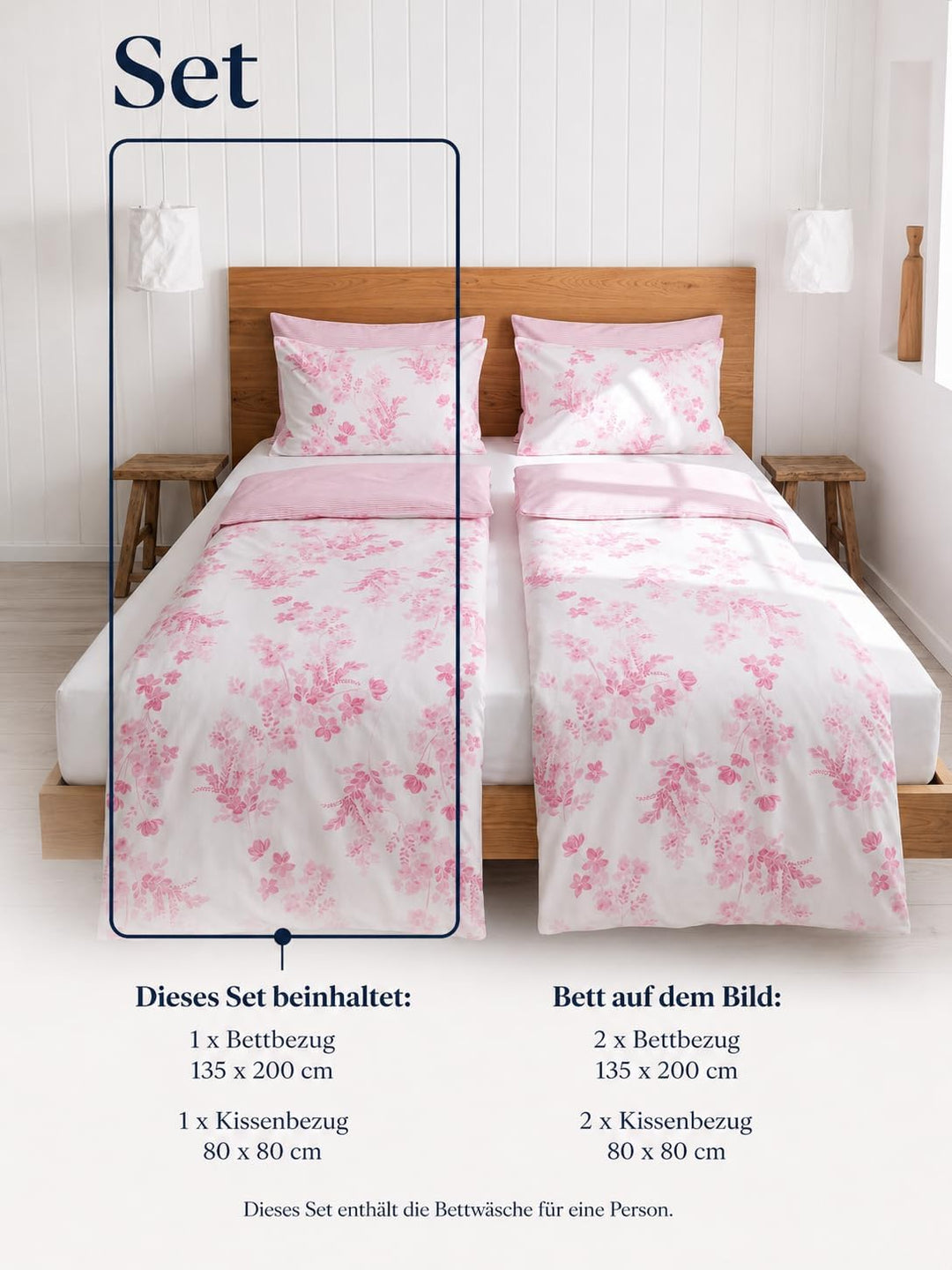 LERUUM Bettwäsche-Set 135x200 Baumwolle Reversibel Blumen Streifen Rosa Bettbezug (Rosa 135 x 200 +