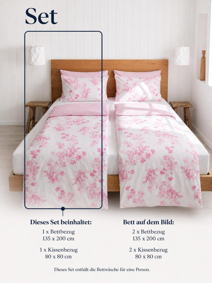 LERUUM Bettwäsche-Set 135x200 Baumwolle Reversibel Blumen Streifen Rosa Bettbezug (Rosa 135 x 200 +