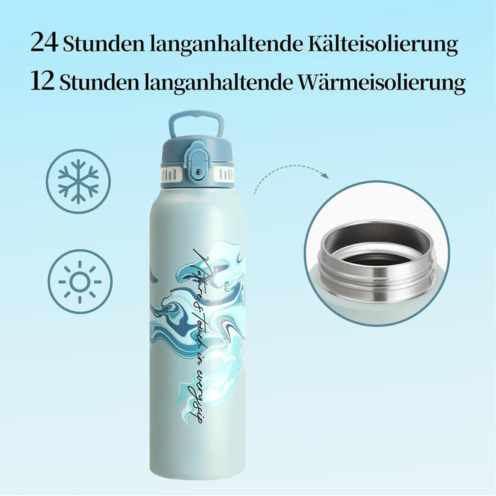 UZSPACE Edelstahl Trinkflasche 1l (970ml), Isolierte Thermosflasche mit 1-Klick-Öffnung, 100% Auslau