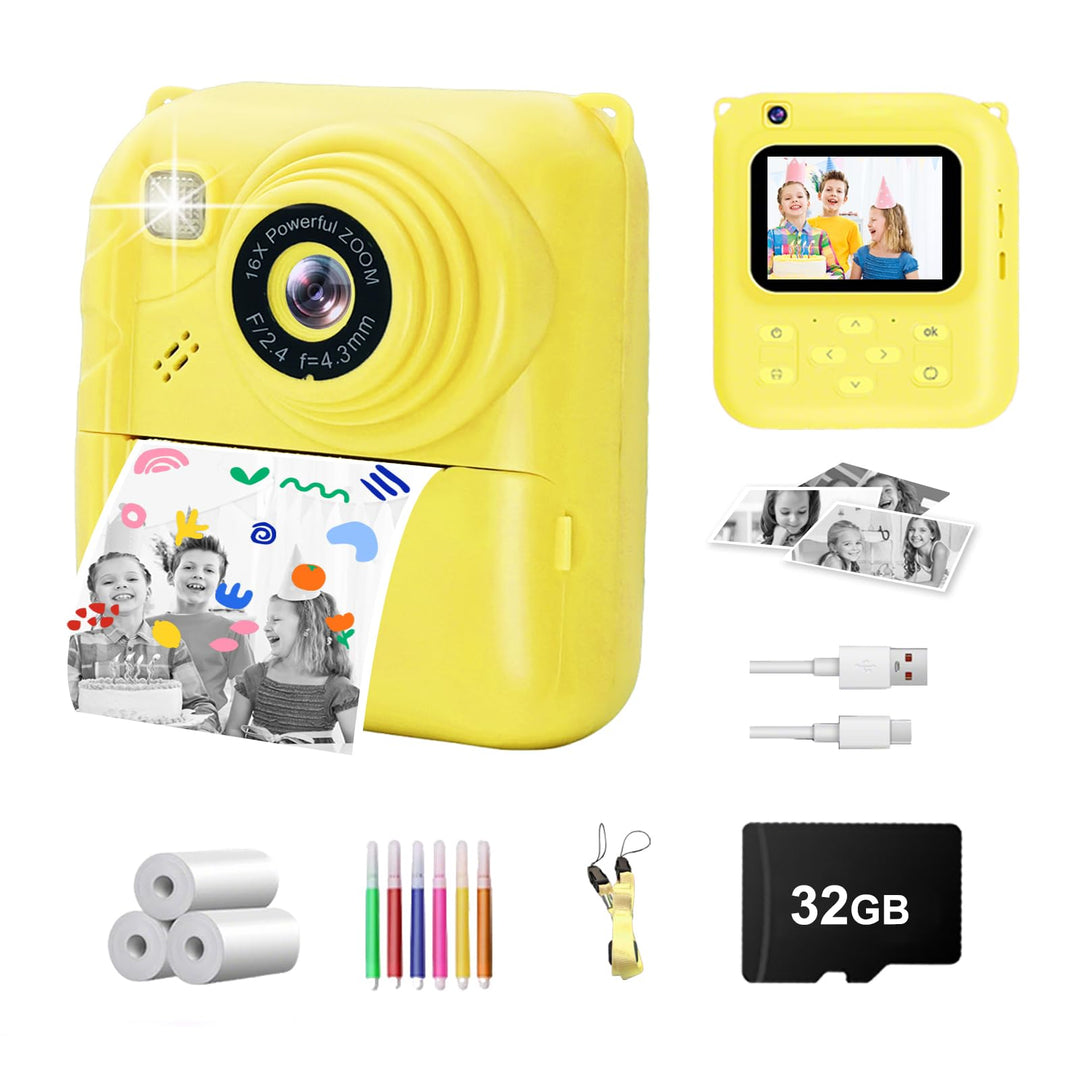 Kinder Sofortbildkamera 1080P, Digitalkamera für Kinder mit Sofortdruck, 32GB Speicherkarte &amp; 3 Druc