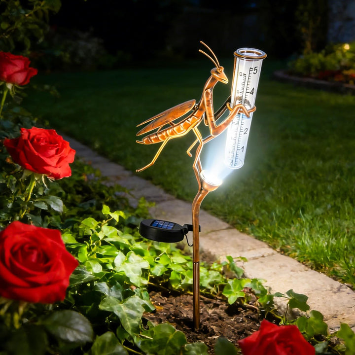 BORDEAG Solar Regenmesser für Garten mit Erdspiess und LED, Solarbetriebener Regenmesser, Dekorative