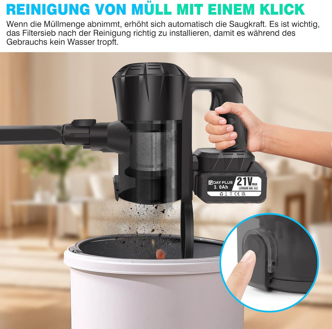 21V, Kabelloser Staubsauger 140W/20KPa Vacuum Cleaner Handstaubsauger Akku, 2 Saugmodi, LED Bodenbür