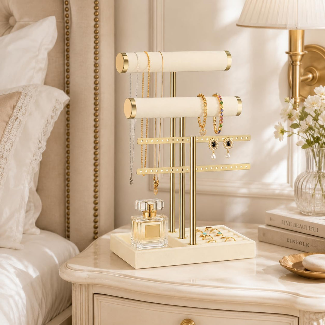 Schmuck Organizer mit 3 Ebenen - Beige Schmuckständer Armbänder, Abnehmbarer T-Steg Schmuck Ständer,