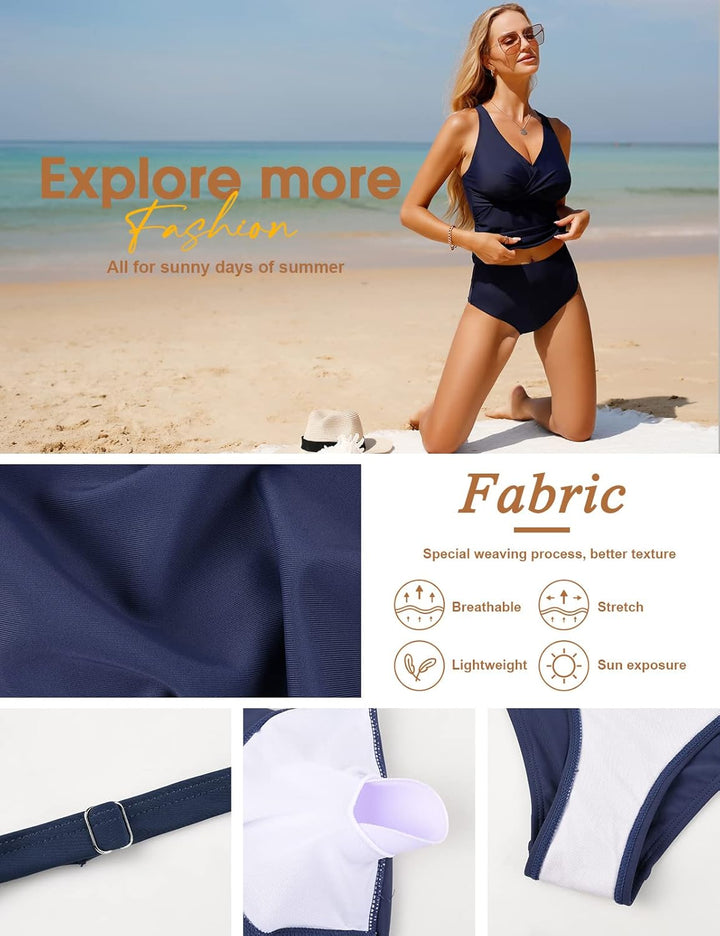 UMIPUBO Tankini Damen Bauchweg Sexy V-Ausschnitt Badeanzug Sets Grosse Grössen Push up Bademoden Hig