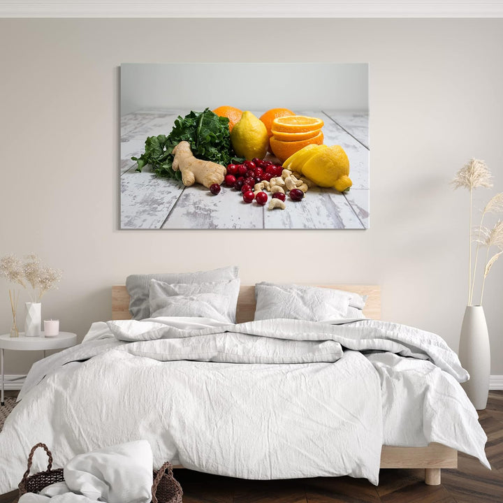 Printed Paintings Leinwand (80x60cm): Essensbilder Verschiedene Früchte, Gemüse, Obst auf Holztis 80