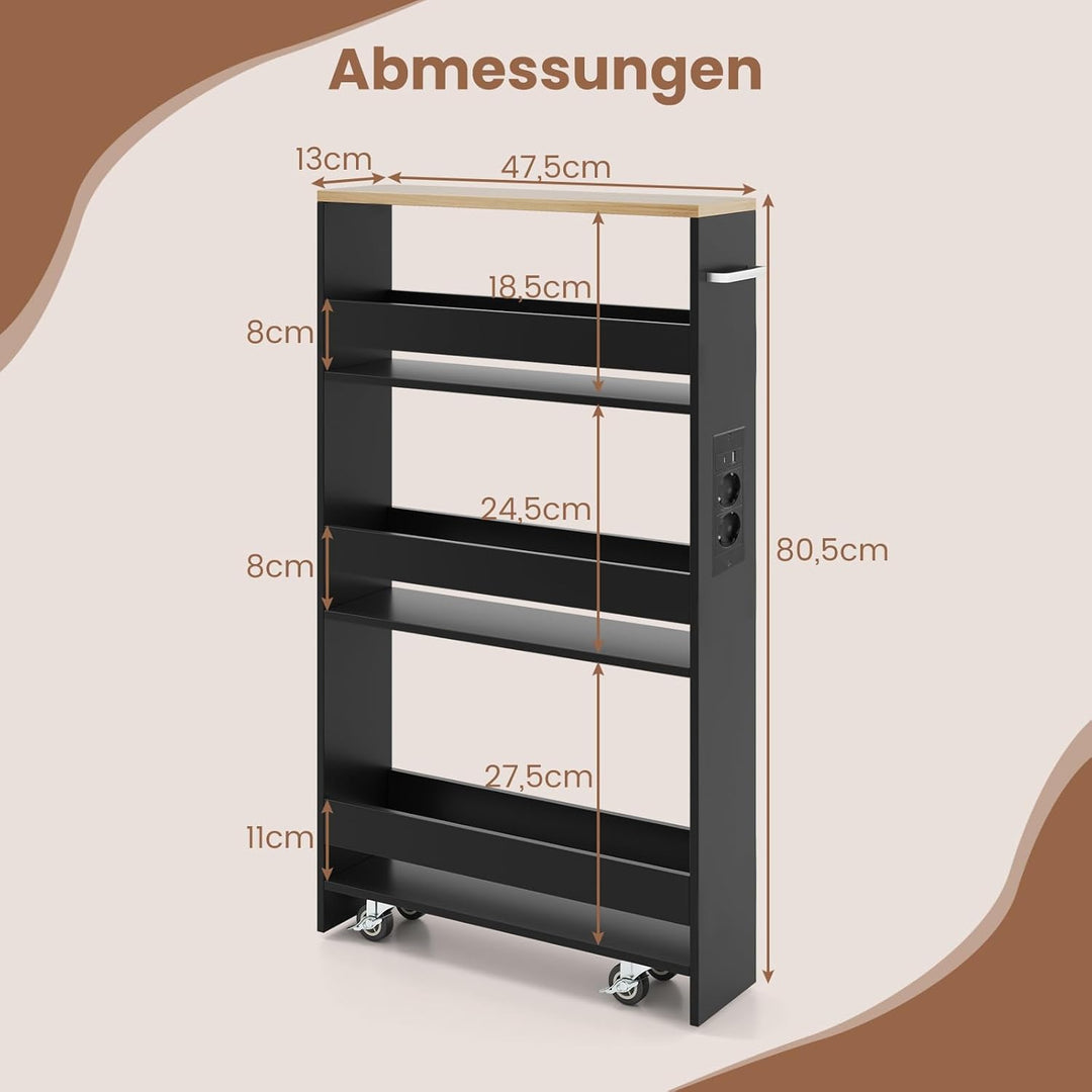 COSTWAY Nischenwagen 13cm breit, 4 Etagen Küchenwagen schmal mit Ladestation, Nischenregal auf Rolle
