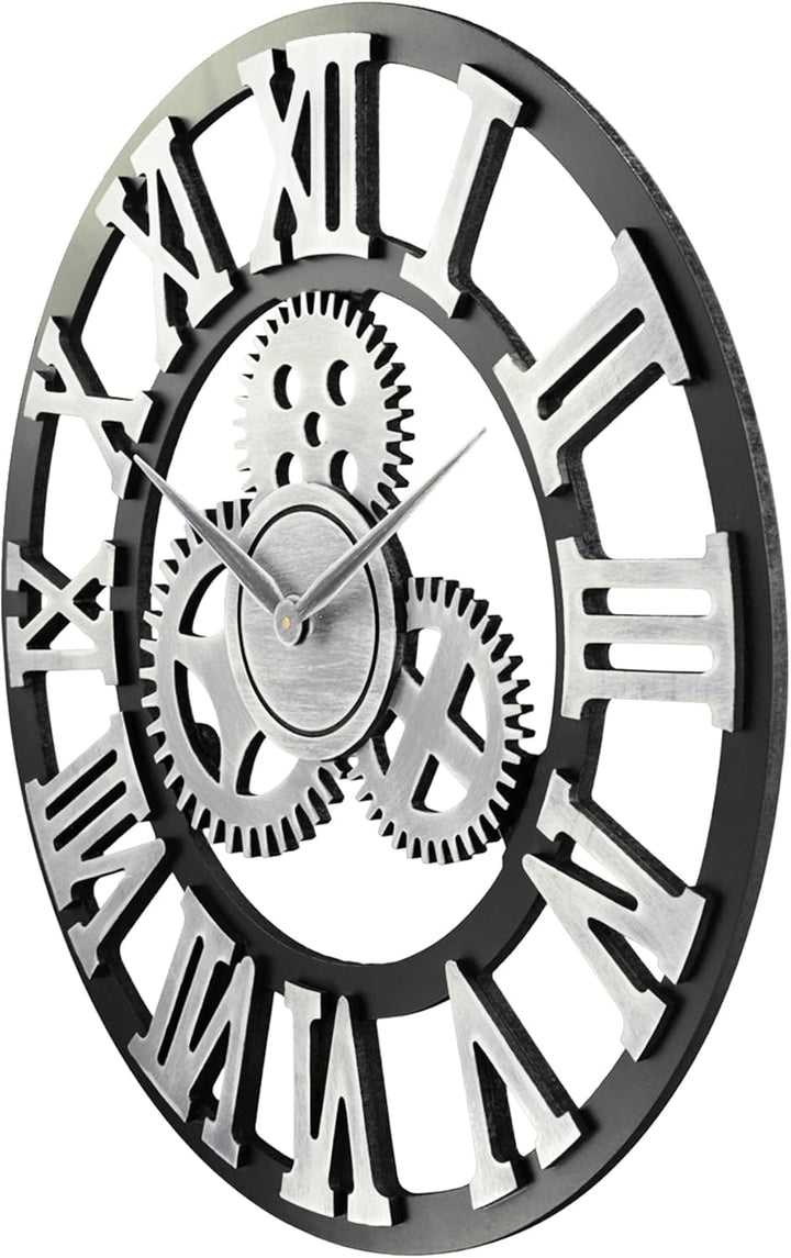 Lafocuse Holz Wanduhr Industrial Silber, Lautlos Wanduhr Vintage Gross 60cm XXL, Zahnrad Wanduhr Röm