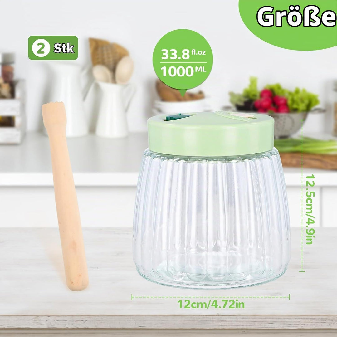 2 Stück Fermentierglas 1L mit Entlüftungsventil, 2 Glas Fermentiergewichte 7cm, Fermentier-Stampfer